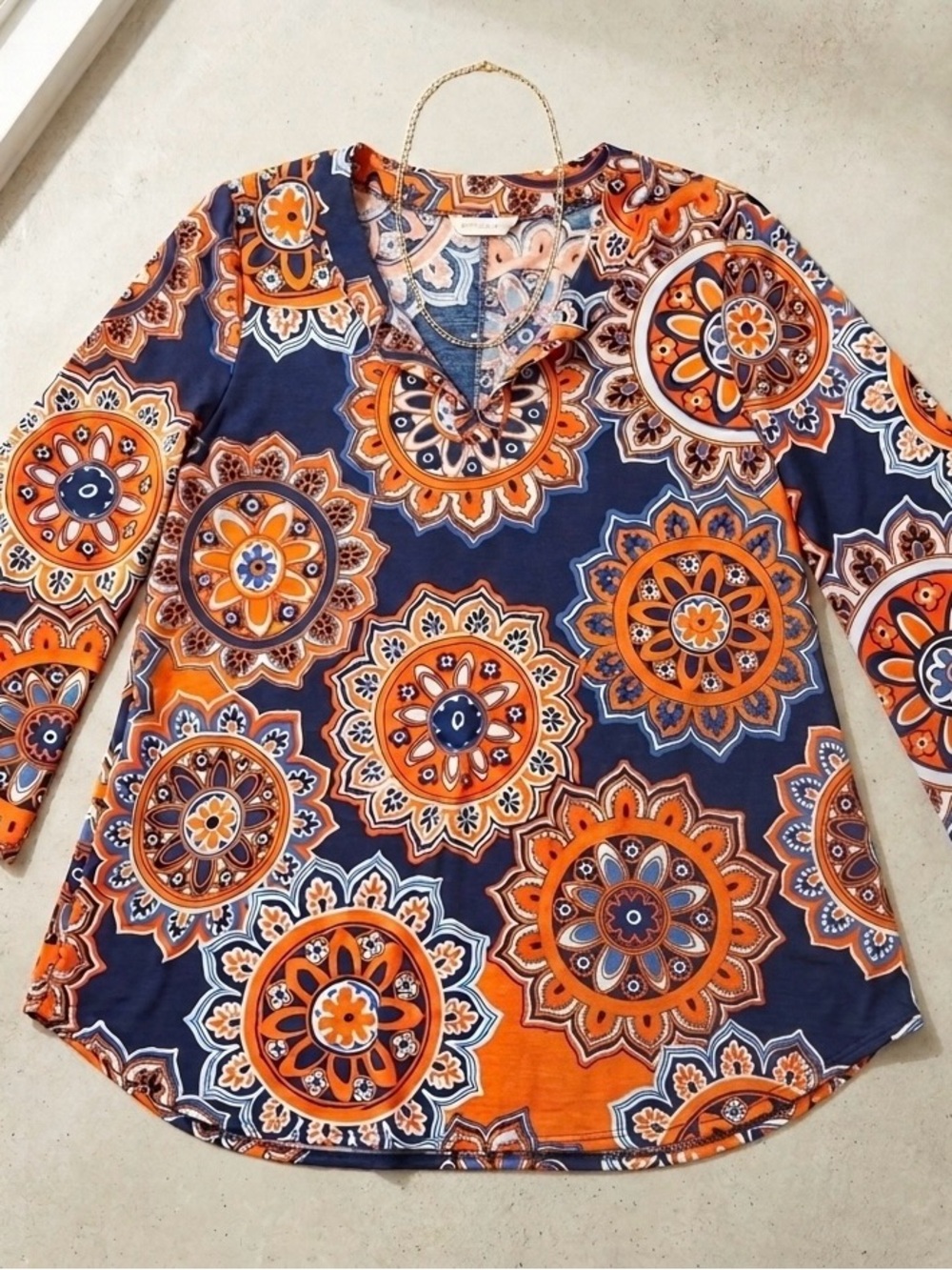 Source Unknown Orange & Navy Medallion V-Neck Tunic